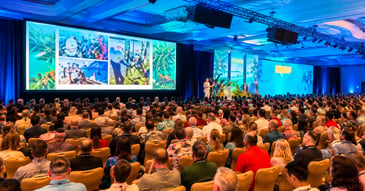 A large audience attending a corporate conference with presentation screens at a strategic meeting event planned by SDI.